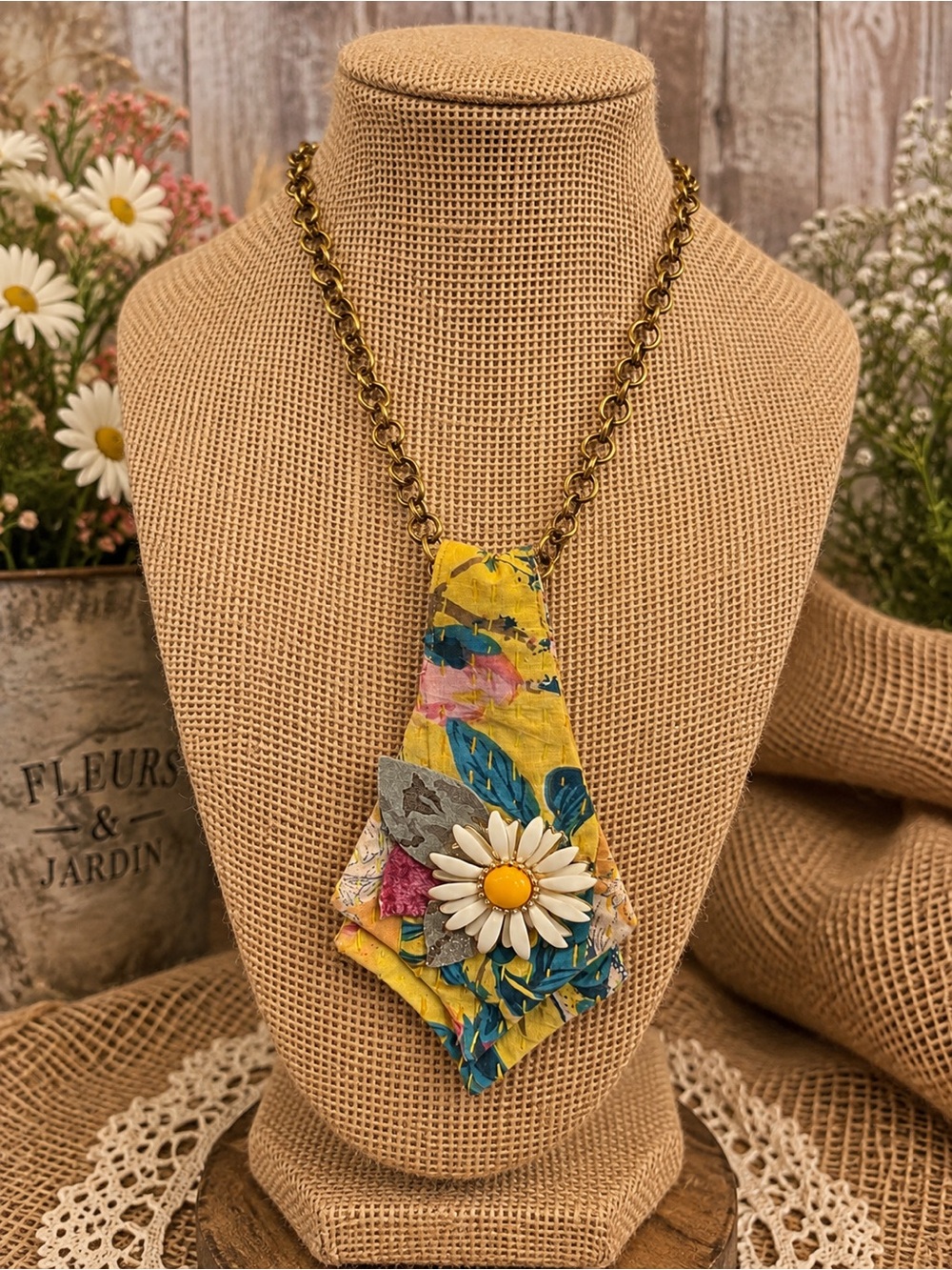 Gypsy South Yellow Floral Fabric Tie Pendant Necklace with White Daisy Boho